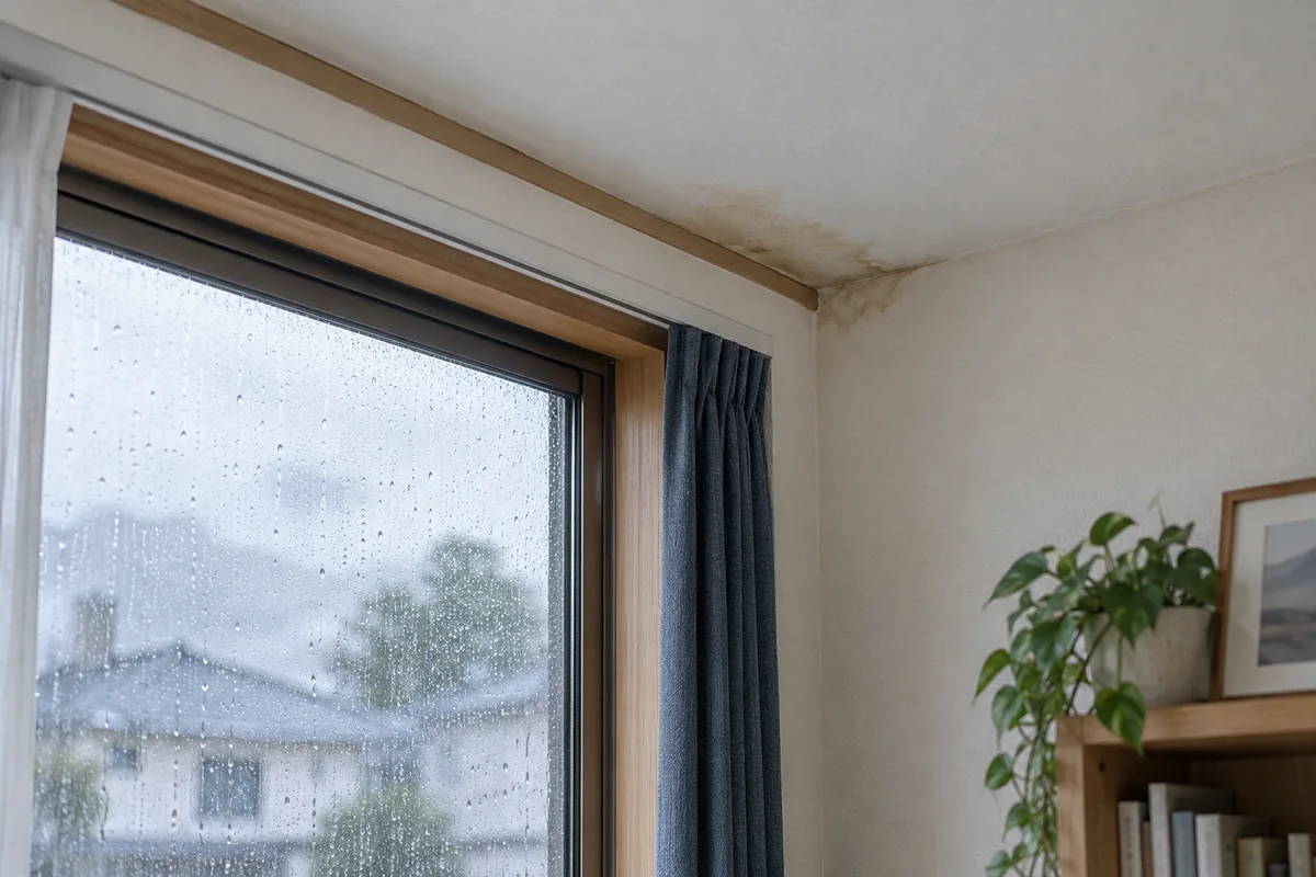 窓の近くの天井と壁に雨染みがある室内のイメージ