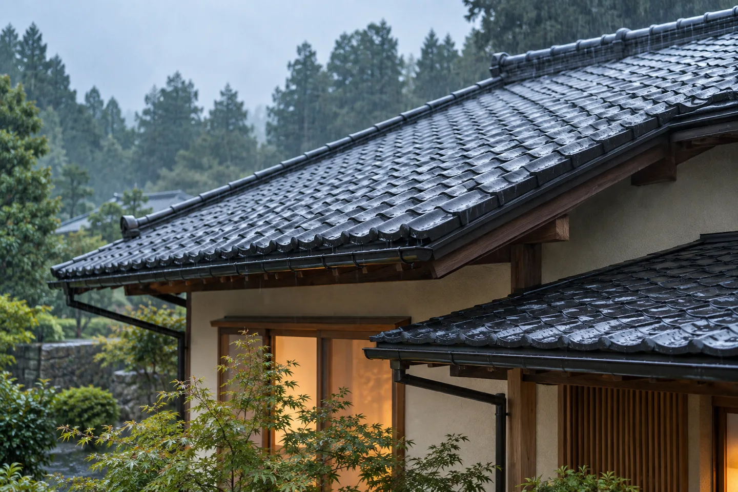 雨の日の瓦屋根と、灯りのともる住まいのイメージ