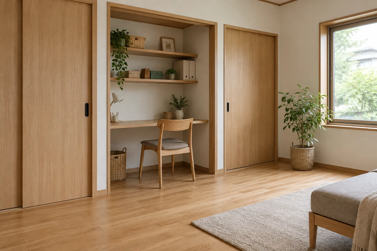 木の床と、押入れを活かした収納・デスクのある部屋のイメージ
