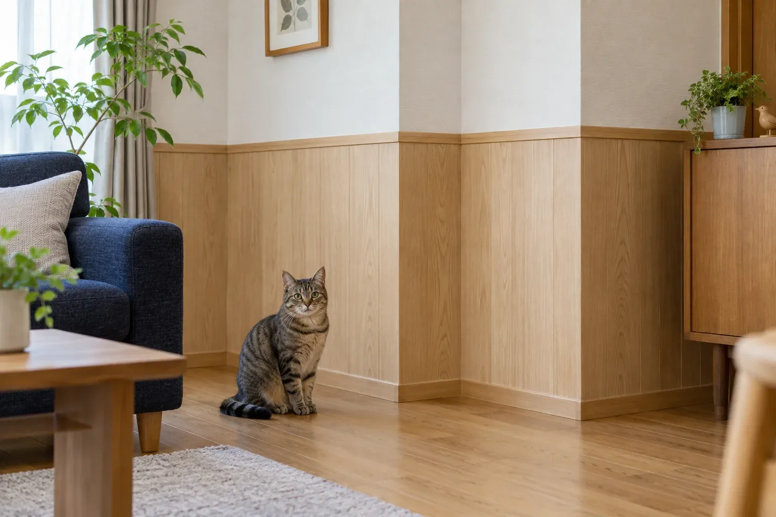 木の腰壁を取り入れた、猫と暮らす室内のイメージ