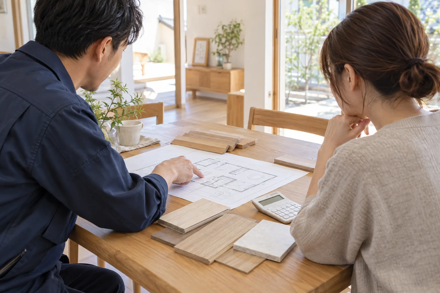 図面や素材を見ながら、家づくりの予算と優先順位を相談するイメージ