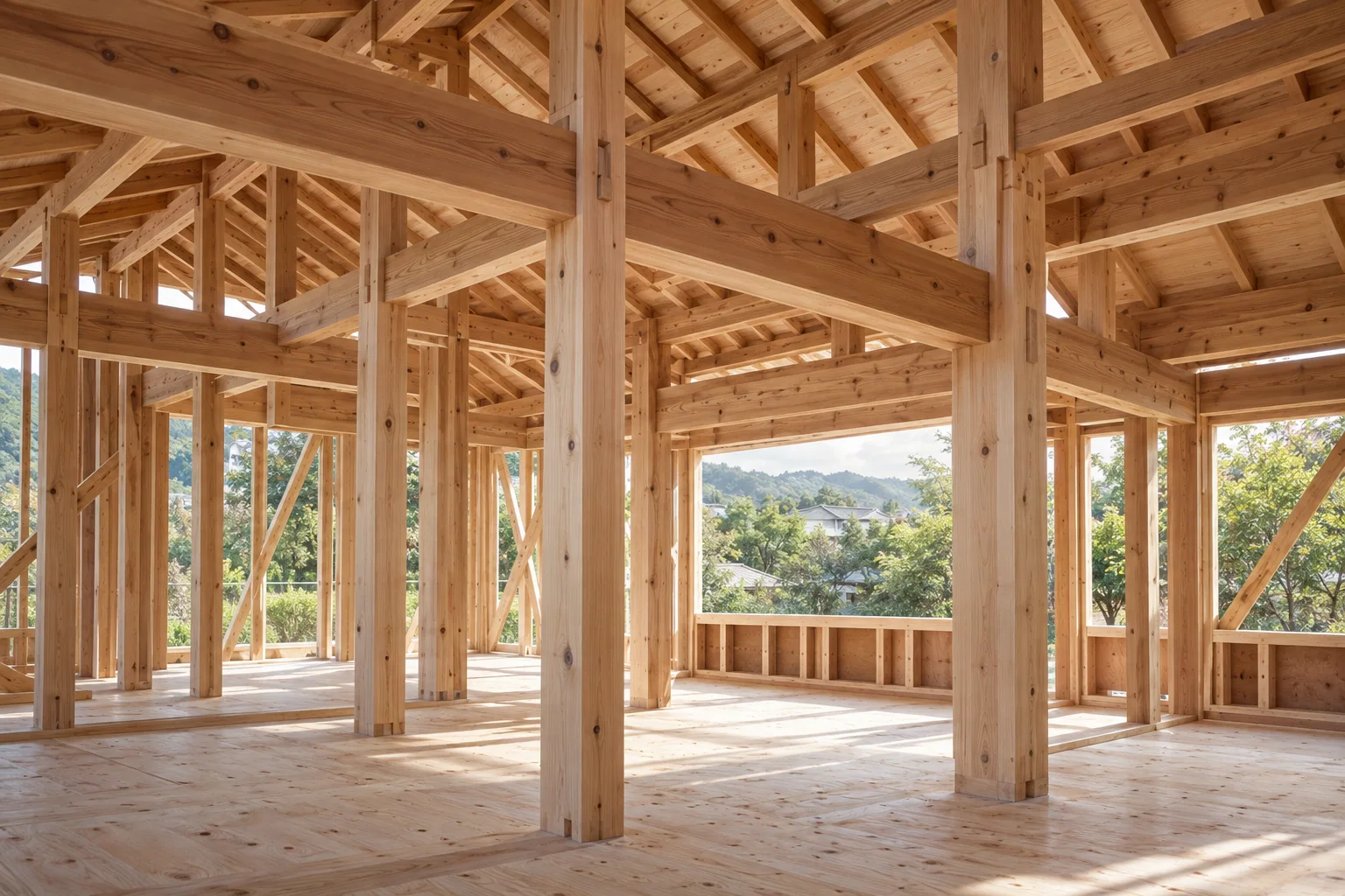 建築中の住まいの内側から見た柱と梁、木造軸組工法のイメージ