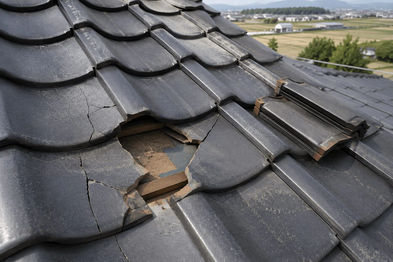 九十九里平野の強風で割れた瓦の差し替え事例