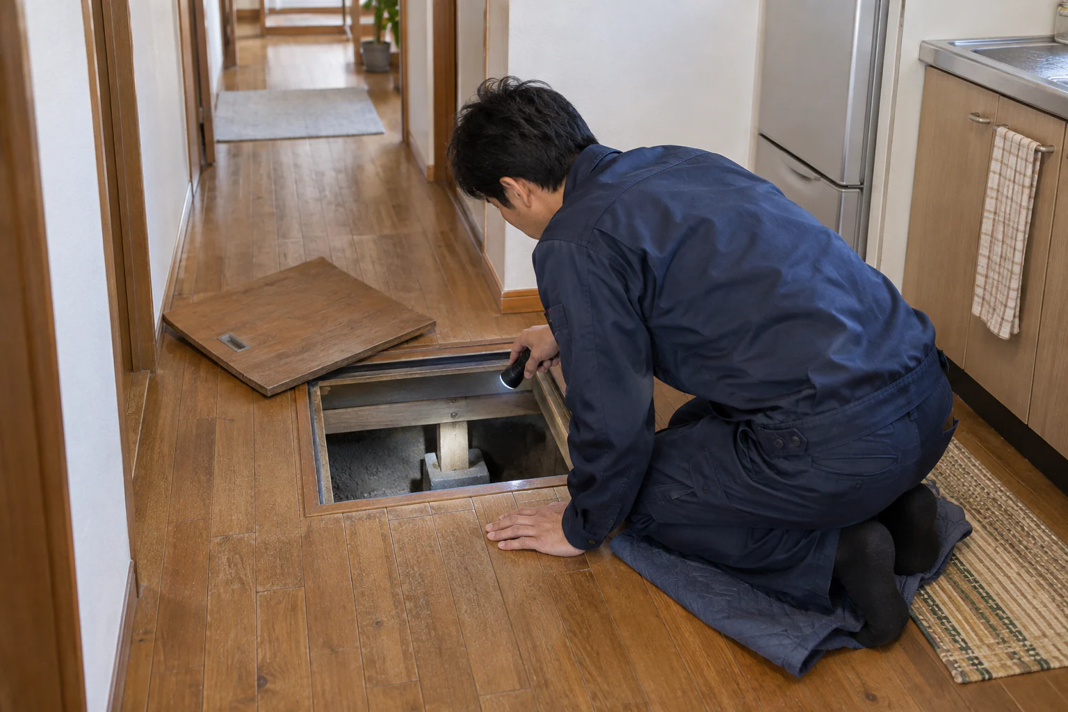 床下点検口から住まいの状態を確認する職人のイメージ