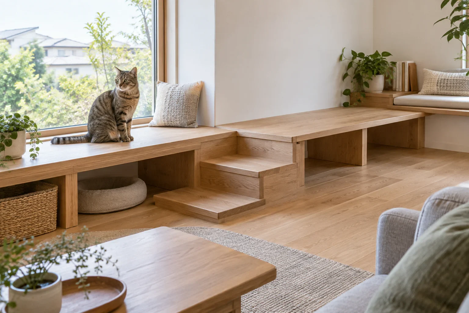 猫が低い木製ステップと窓辺で過ごす住まいのイメージ