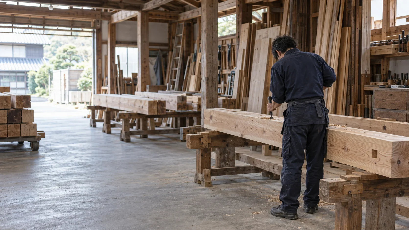 長い梁が並ぶ刻み場で、木材をノミで手刻みする職人の後ろ姿（イメージ）