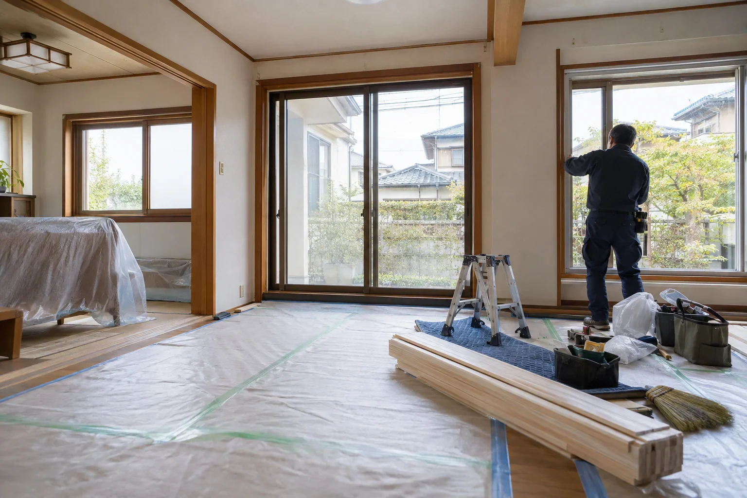 床を養生し、窓まわりを確認する工事中の住まいのイメージ