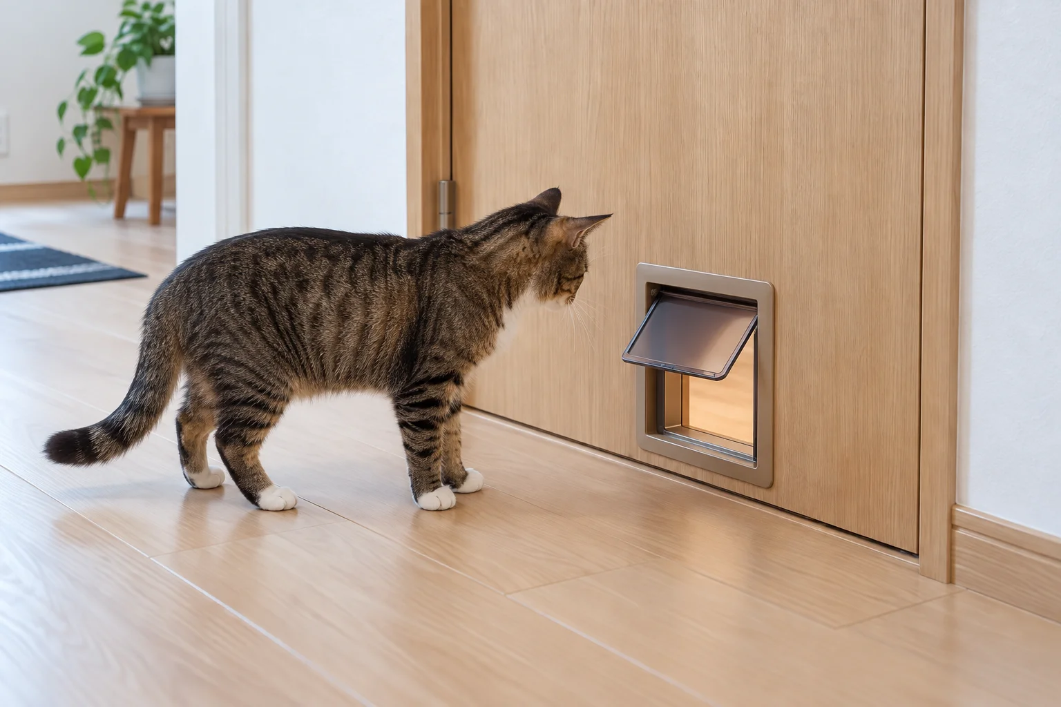 室内ドアの下部に設けたペット用の出入口と猫のイメージ