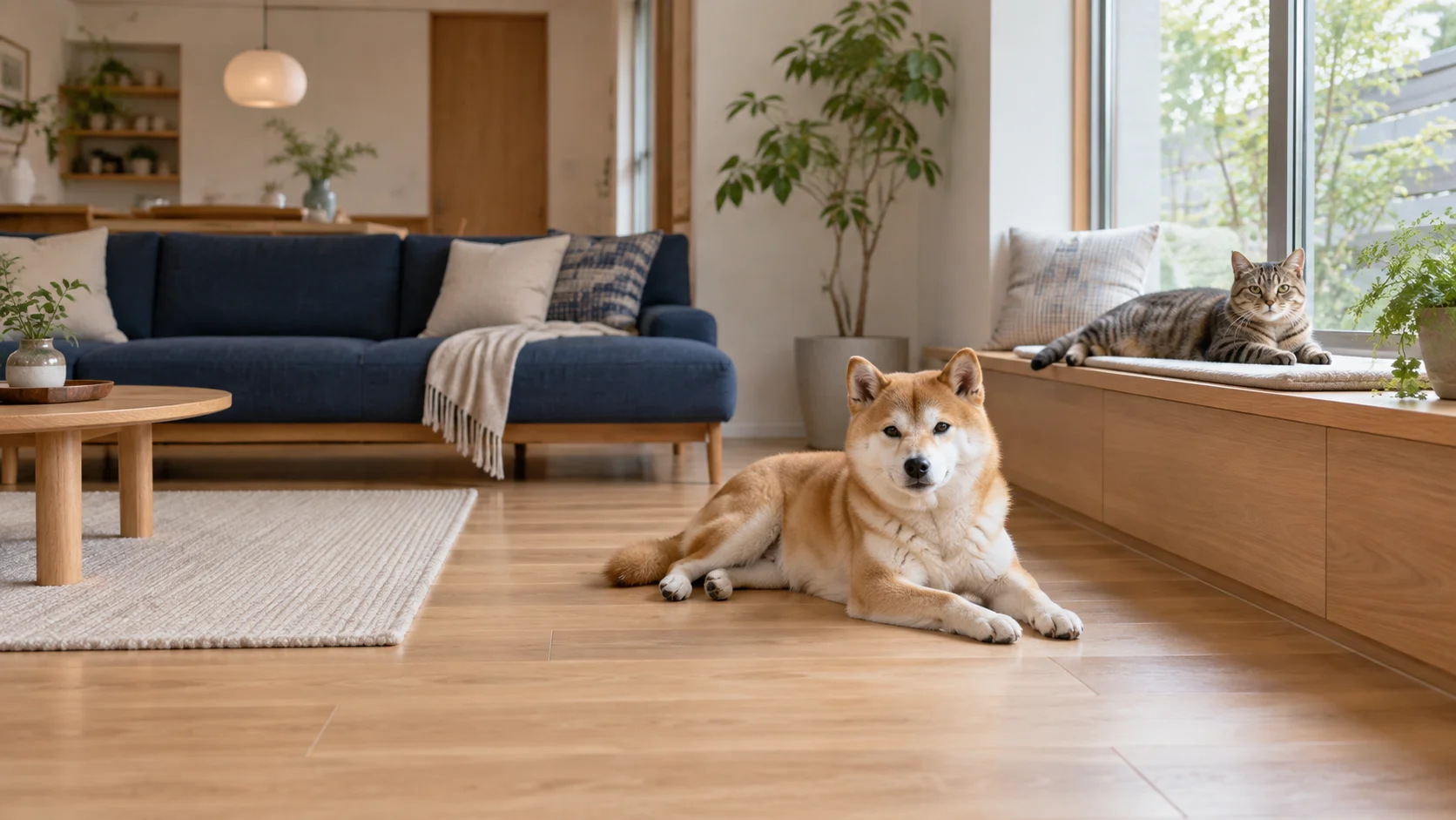 犬と猫が木の床や窓辺でくつろぐ住まいのイメージ