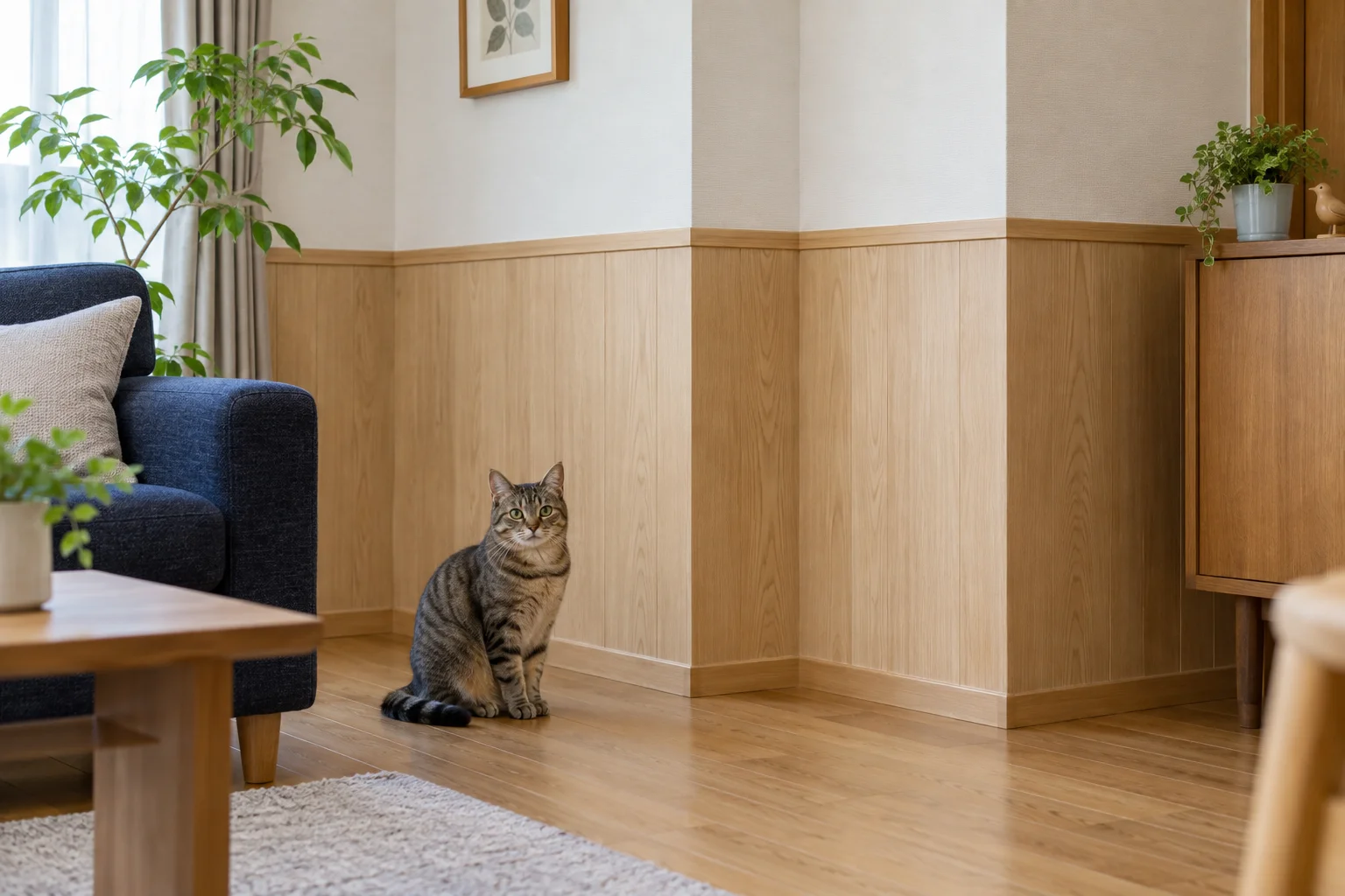 猫と暮らす部屋の壁を、木の腰壁で保護した内装のイメージ