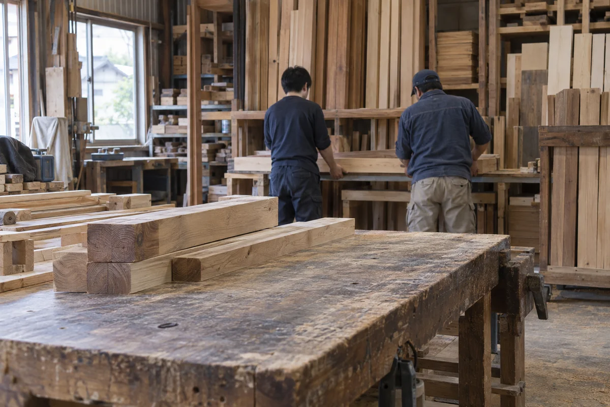 木材と作業台が並ぶ工房で、先輩と材料を準備する見習いの後ろ姿（イメージ）