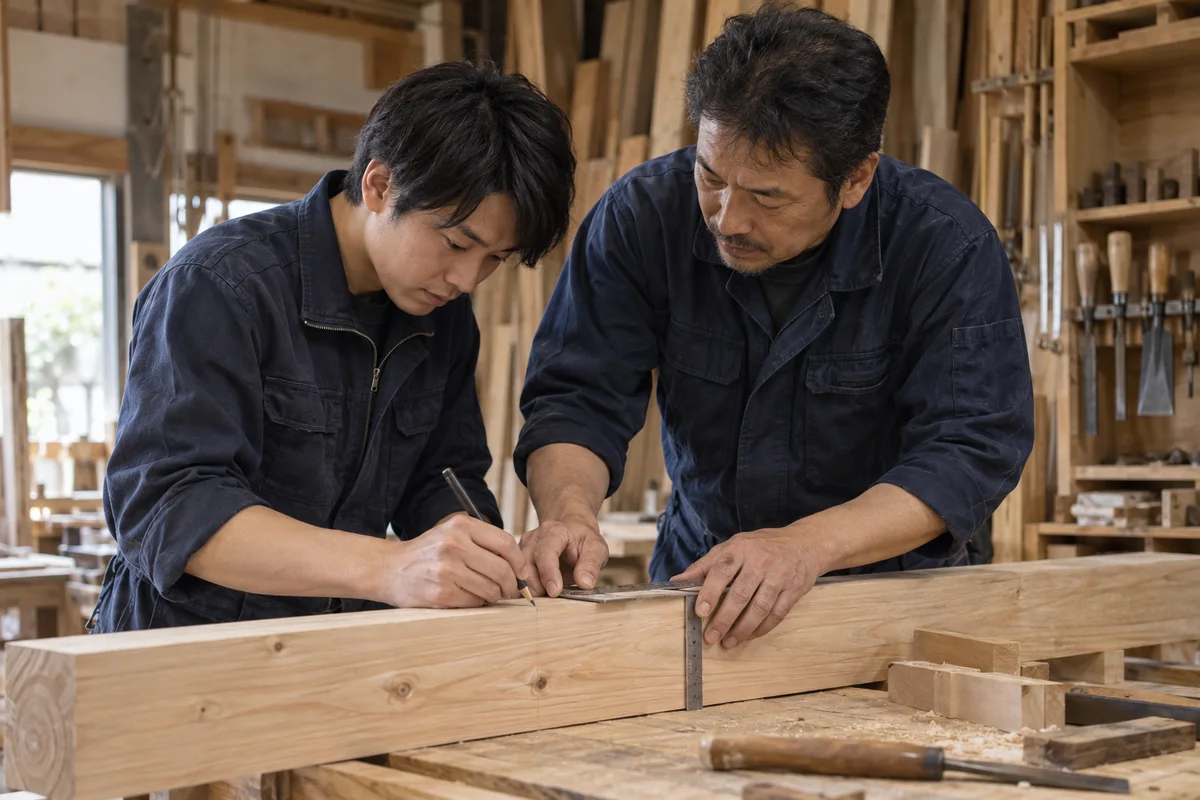 木材の測り方と墨付けを学ぶ仕事風景（イメージ）