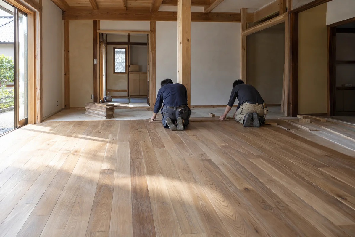 木造住宅の広い室内で、床材を納める職人たちの後ろ姿（イメージ）