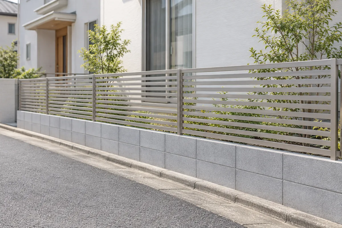 住宅の道路境界にある低いブロックとフェンスのイメージ