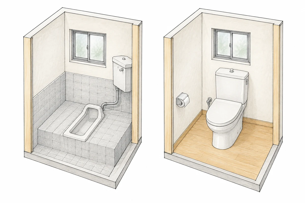 段差のある和式便器から床を整えた洋式トイレへの改修イメージ