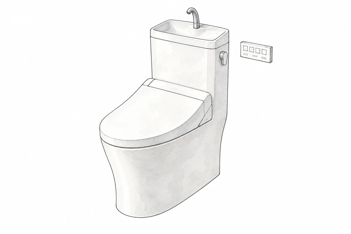 便器と便座まわりがまとまったタンク式一体型トイレのイメージ